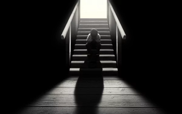 A solitary figure sits on stairs illuminated by light, evoking a sense of sadness. This artistic HD desktop wallpaper captures a poignant moment.