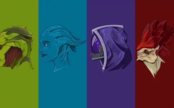 This HD desktop wallpaper features iconic characters from Mass Effect: Liara T'Soni, Tali'Zorah, Urdnot Wrex, and Thane Krios, each depicted in vibrant colors.