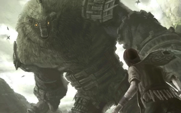 HD PC desktop wallpaper featuring a dramatic scene from the video game Shadow of the Colossus, showing a giant colossus confronting the protagonist.