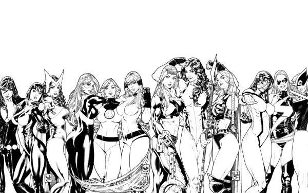 Black and white comic collage featuring a lineup of female superheroes, designed as an HD PC desktop wallpaper and background.