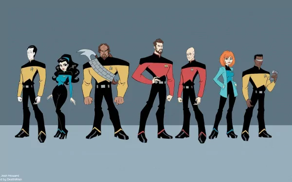Animated HD PC desktop wallpaper featuring the main crew of Star Trek: The Next Generation in stylized, modern designs from the TV show.