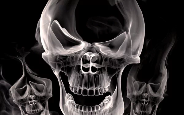 A dark HD wallpaper featuring transparent skulls against a black background, creating a striking and eerie effect that enhances desktop aesthetics.