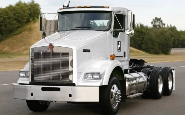 White Kenworth T800 semi truck (vehicle) front three-quarter view on a road — HD PC desktop wallpaper and background.