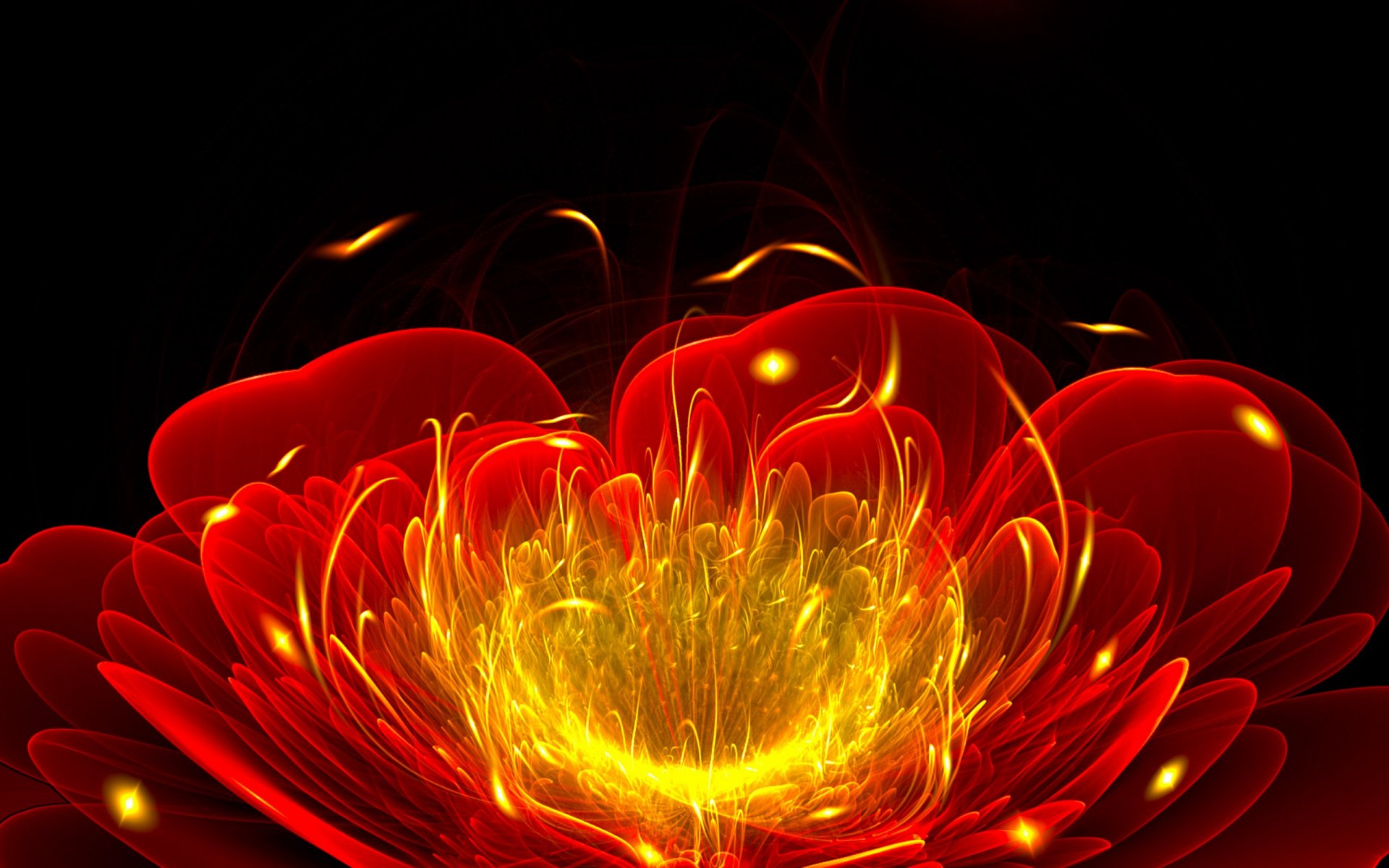 A vibrant, abstract, psychedelic fractal design featuring swirling red and golden hues against a dark background, creating a captivating, trippy wallpaper for HD desktop use.