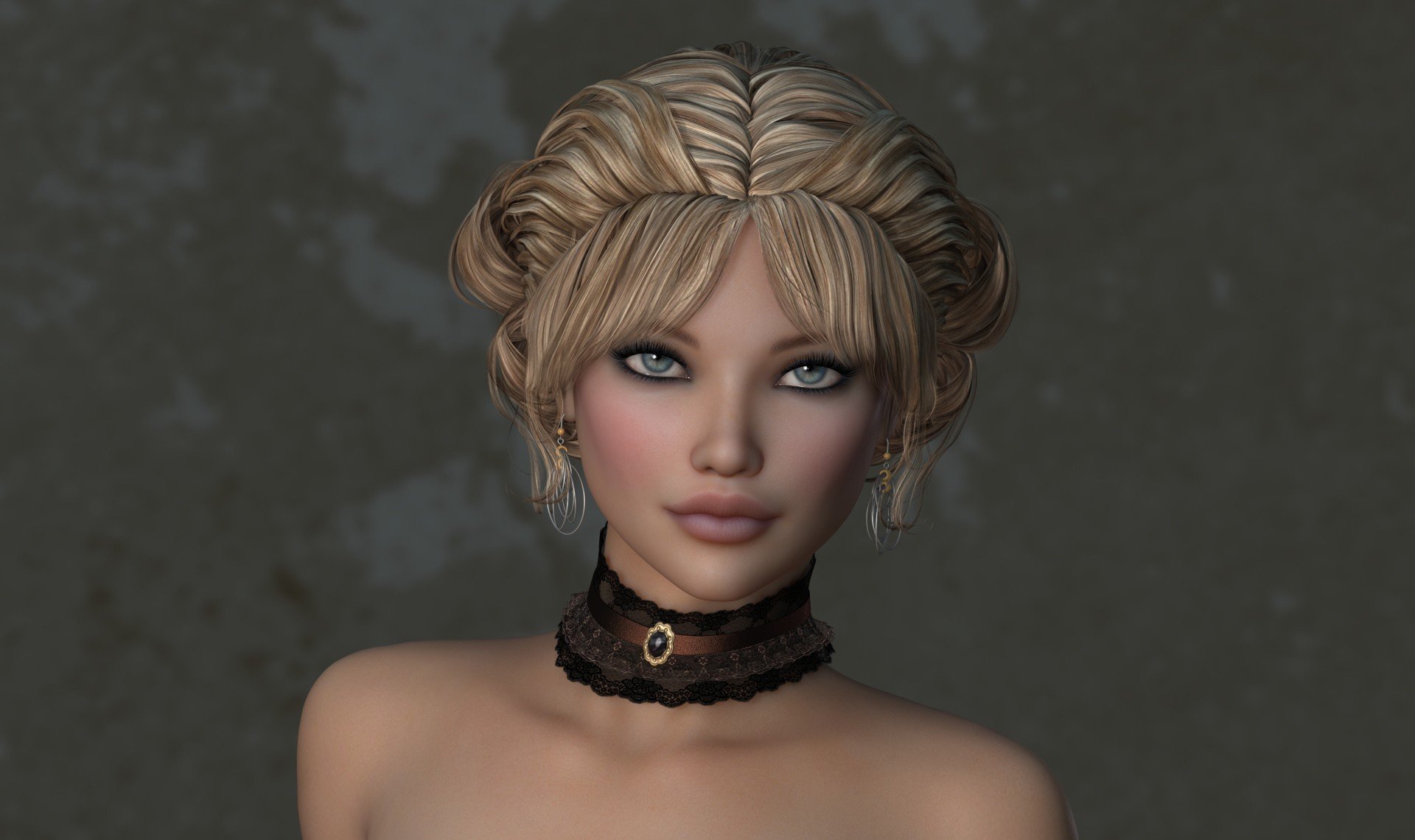 Artistic HD desktop wallpaper featuring a digitally rendered woman with braided blonde hair, expressive eyes, and a black lace choker against a muted background.