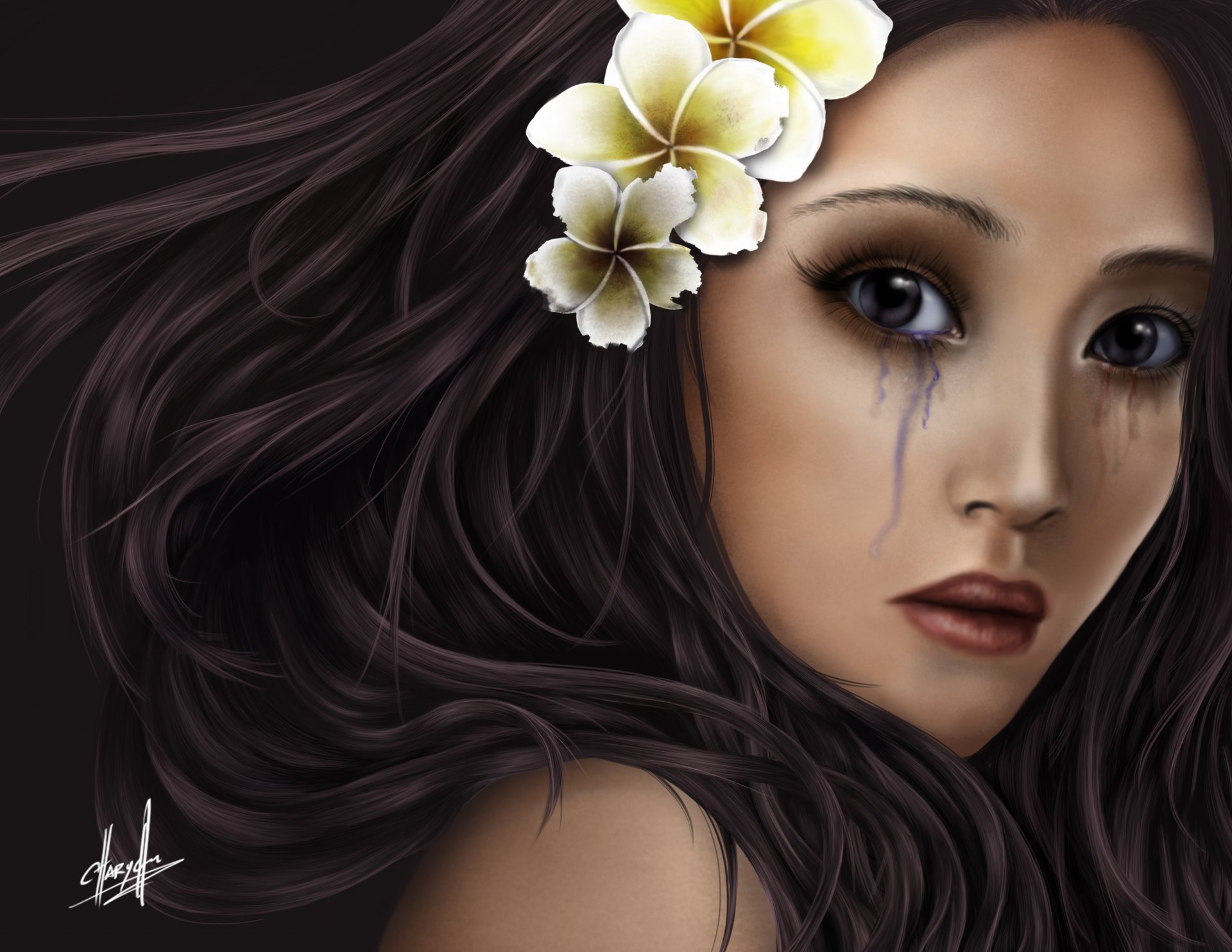 Artistic HD desktop wallpaper featuring a close-up of a woman with flowing dark hair adorned with white flowers and subtle, tear-like streaks beneath her eye.