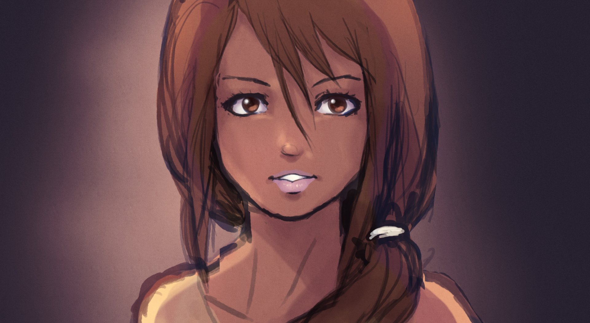 Artistic HD PC desktop wallpaper: painted portrait of a young woman with brown hair in a loose side braid, warm tones and soft painterly lighting.