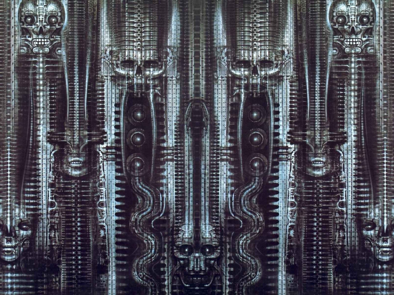 HD PC desktop wallpaper showcasing a dark, artistic alien design with intricate, biomechanical patterns and symmetrical, eerie details.