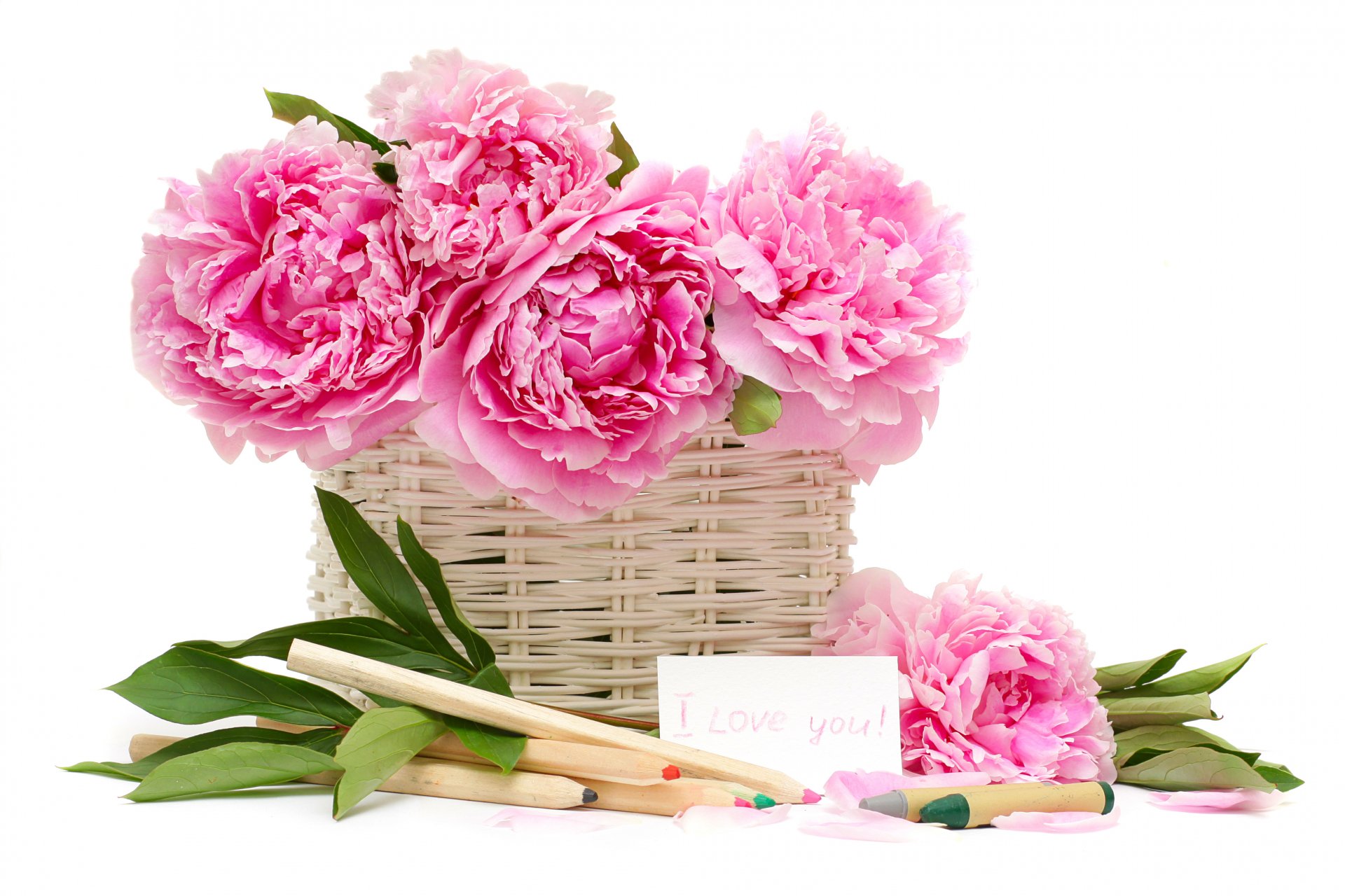 A 4K Ultra HD photograph of vibrant pink flowers in a white wicker basket with green leaves and colored pencils, evoking themes of love and creativity.