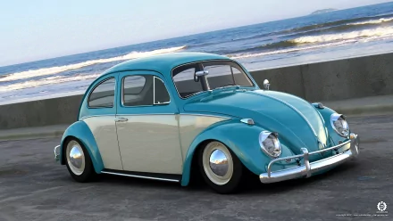A vintage turquoise and cream Volkswagen Beetle parked by the ocean, showcasing its classic design against a serene beach backdrop. A vibrant HD desktop wallpaper.