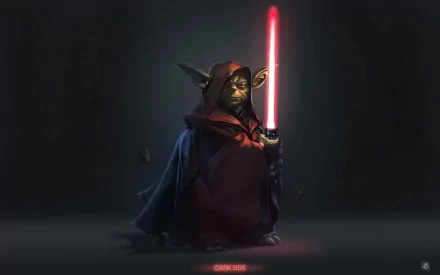 HD desktop wallpaper of Yoda from Star Wars, holding a red lightsaber, dressed in a dark cloak, with the text Dark Side at the bottom. The background is dark, enhancing the Sci-Fi feel.