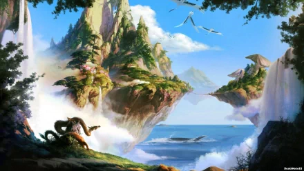 HD desktop wallpaper featuring an oriental dragon in a fantasy landscape with floating islands, lush greenery, a serene sea, and majestic mountains under a vibrant blue sky with flying creatures.