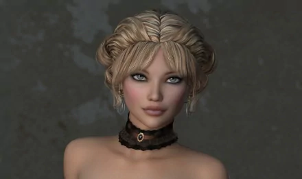 Artistic HD desktop wallpaper featuring a digitally rendered woman with braided blonde hair, expressive eyes, and a black lace choker against a muted background.