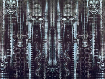 HD PC desktop wallpaper showcasing a dark, artistic alien design with intricate, biomechanical patterns and symmetrical, eerie details.