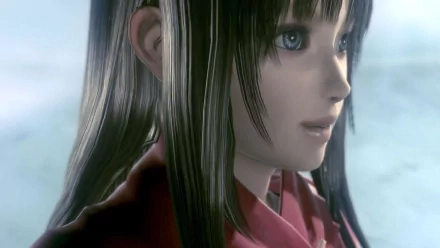 HD PC desktop wallpaper featuring a close-up of a female character from the video game End of Eternity with detailed hair and expressive eyes against a soft sky background.
