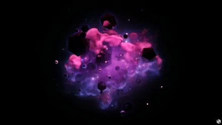Abstract 3D CGI artwork featuring dark purple and pink swirling clouds and floating geometric shapes, designed as a high-definition PC desktop wallpaper and background.