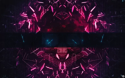 Abstract 3D CGI glitch art with mirrored geometric shapes in vibrant purple hues, creating a dynamic and futuristic HD PC desktop wallpaper background.