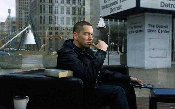 A contemplative Eminem sits on a sofa in an urban setting, reflecting on his music journey amidst the backdrop of Detroit. A stylish HD desktop wallpaper for fans.