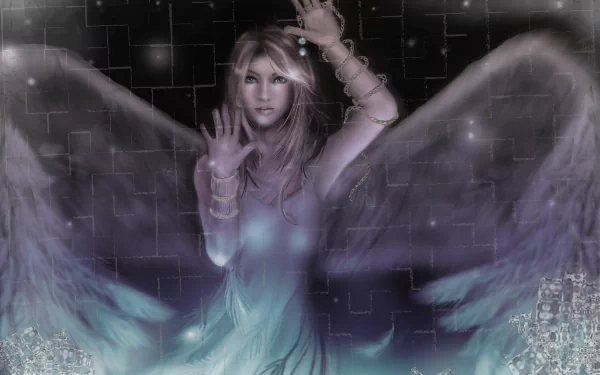 Fantasy-themed 4K Ultra HD PC desktop wallpaper depicting a glowing angel with outstretched wings against a dark, starry background.