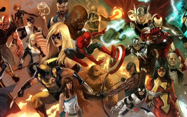 A vibrant collage featuring Marvel Comics characters like Wolverine, Captain America, Iron Man, Spider-Woman, Thor, and more, designed as an HD desktop wallpaper.