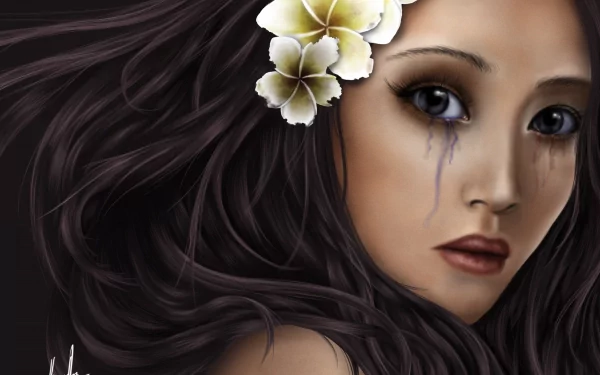 Artistic HD desktop wallpaper featuring a close-up of a woman with flowing dark hair adorned with white flowers and subtle, tear-like streaks beneath her eye.