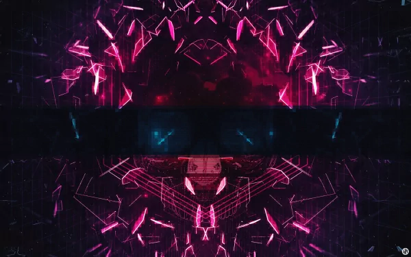 Abstract 3D CGI glitch art with mirrored geometric shapes in vibrant purple hues, creating a dynamic and futuristic HD PC desktop wallpaper background.