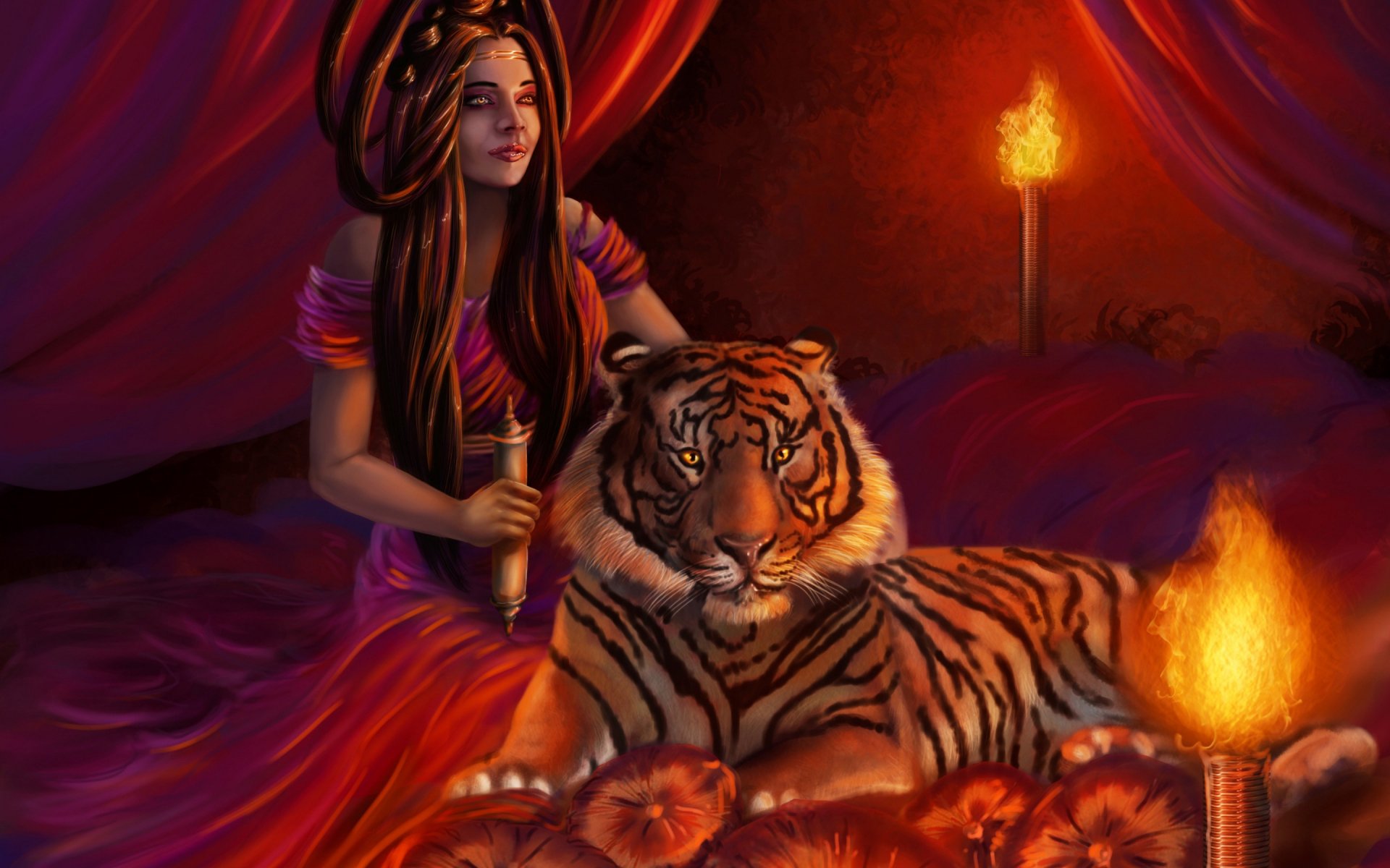 A fantasy-themed HD desktop wallpaper featuring a captivating woman beside a majestic tiger, surrounded by rich drapery and glowing candles, evoking a mystical atmosphere.