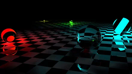 HD CGI 3D Art of reflective spheres on a checkered surface, illuminated by vibrant red, green, and blue lights. Artistic desktop wallpaper and background image.