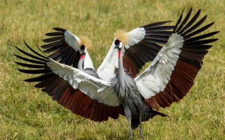 A stunning HD wallpaper showcasing Grey Crowned Cranes with their magnificent wings spread wide in vibrant colors against a grassy backdrop.