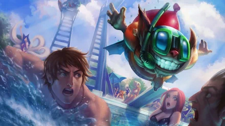 HD desktop wallpaper with characters Garen, Darius, Katarina, Ziggs, and Ahri from League of Legends in a playful pool scene.