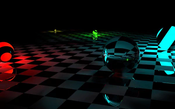 HD CGI 3D Art of reflective spheres on a checkered surface, illuminated by vibrant red, green, and blue lights. Artistic desktop wallpaper and background image.