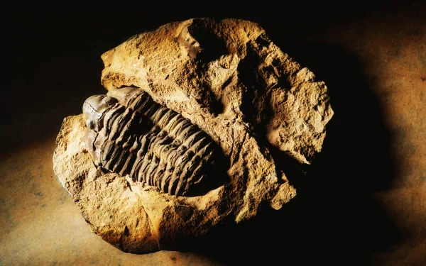 Dramatic close-up of a fossilized trilobite embedded in textured rock, warm shadows and detail — HD PC desktop wallpaper and background highlighting nature and ancient life.