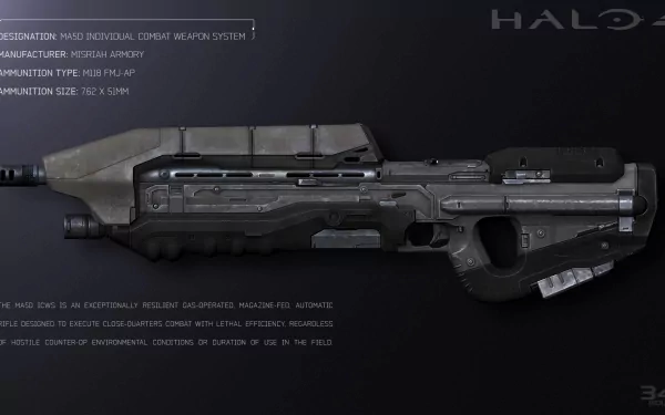 A detailed HD desktop wallpaper showcasing a weapon from Halo 4, featuring technical specifications and a sleek, futuristic design against a dark background.