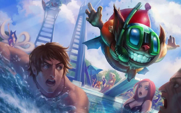 HD desktop wallpaper with characters Garen, Darius, Katarina, Ziggs, and Ahri from League of Legends in a playful pool scene.