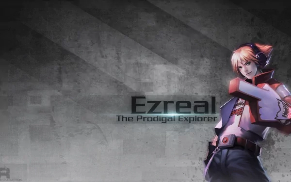 A striking HD wallpaper featuring Ezreal, The Prodigal Explorer, from League of Legends, set against a textured background inspired by Piltover and Zaun.