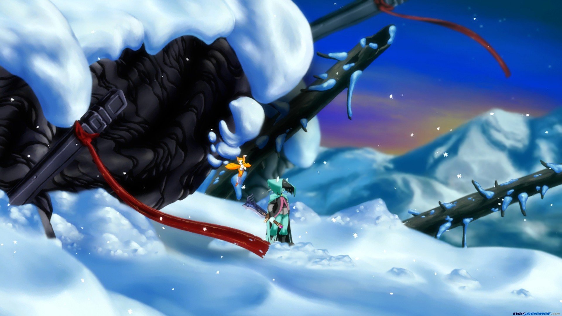HD wallpaper of Dust: An Elysian Tail featuring characters in a snowy landscape with a serene twilight backdrop.