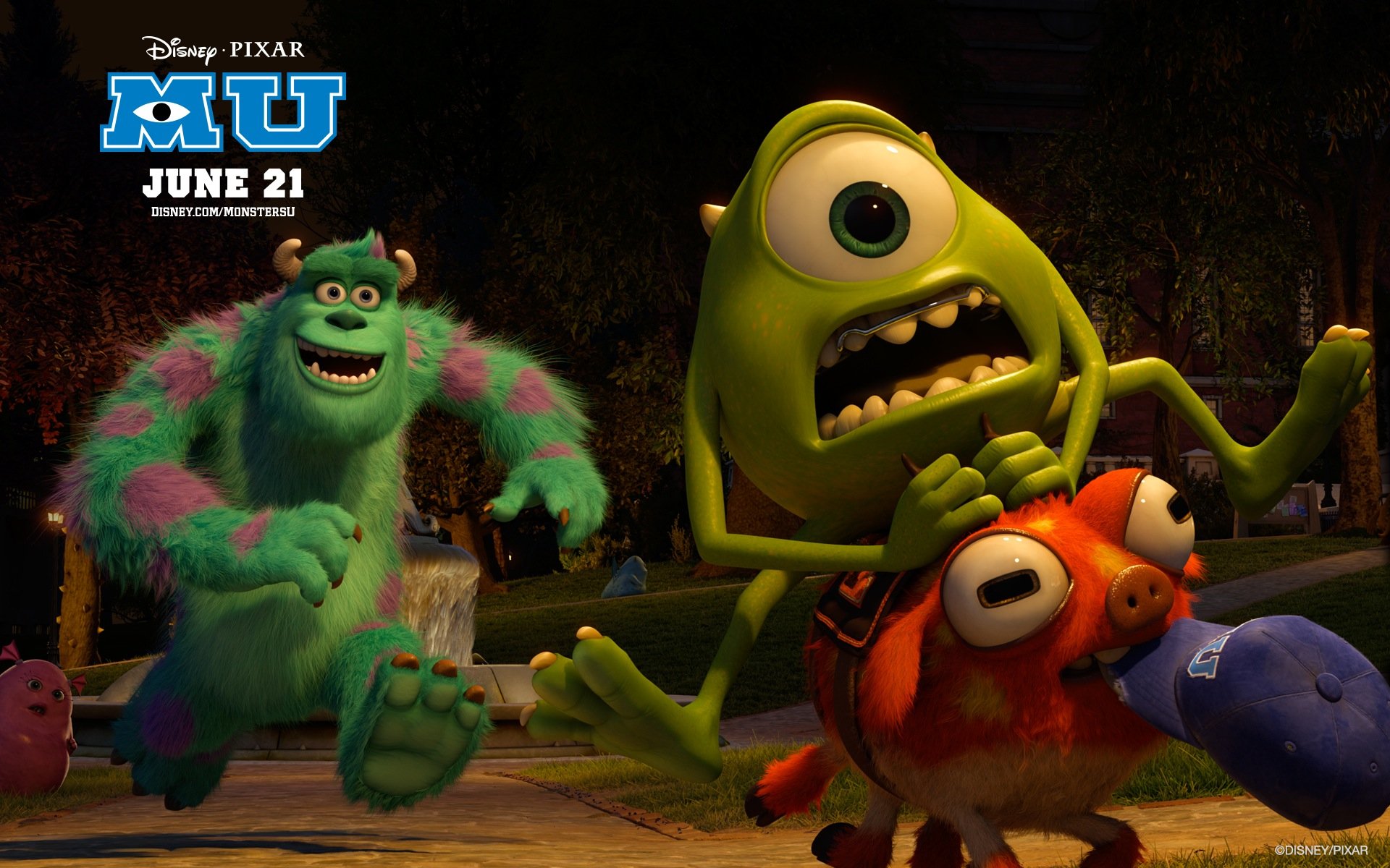 HD desktop wallpaper featuring James P. Sullivan and Mike Wazowski from the movie Monsters University, with the Disney Pixar MU logo and June 21 release date.