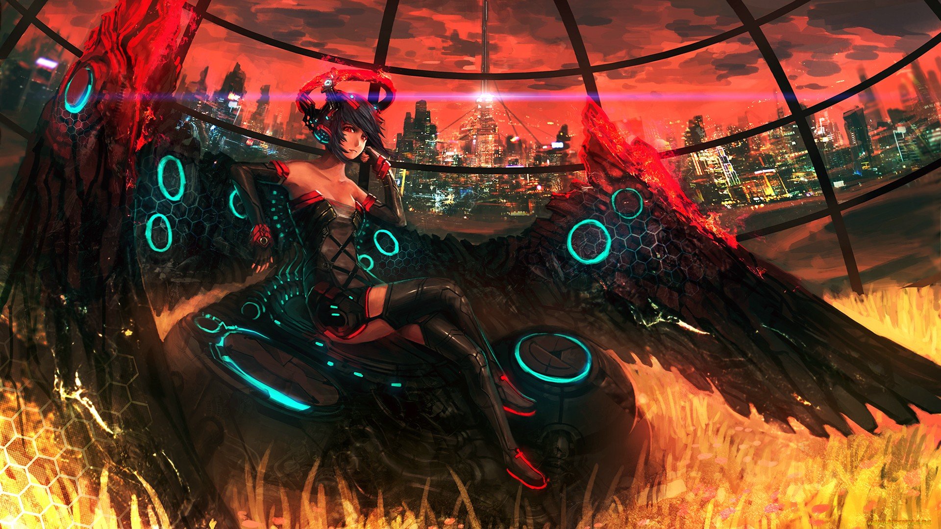 A stunning HD anime wallpaper featuring a character with wings, set against a vibrant city skyline at sunset, exuding a blend of futuristic and mystical elements.