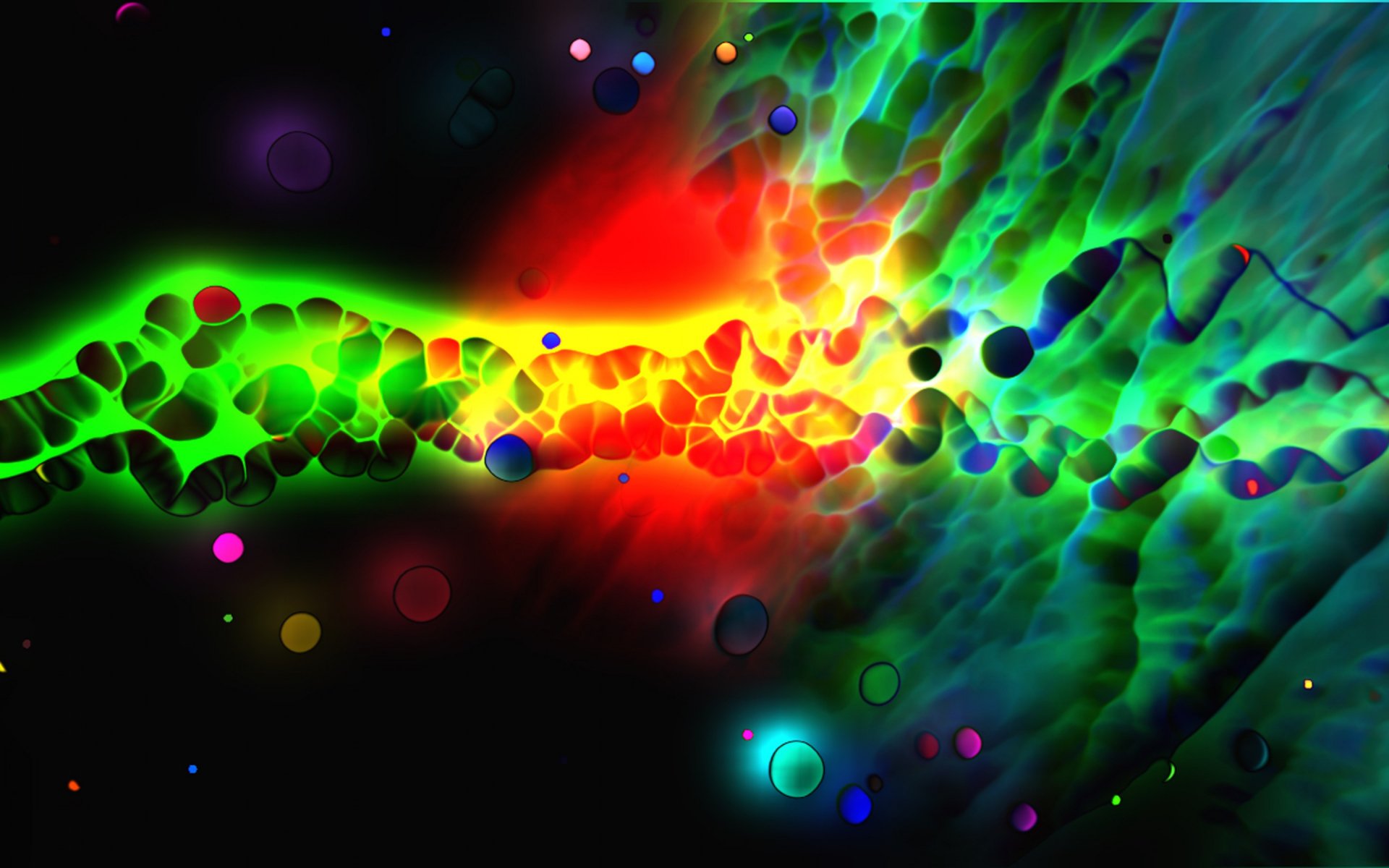 Abstract and artistic HD PC desktop wallpaper featuring vibrant, fluid-like patterns with glowing neon colors blending across a dark background.