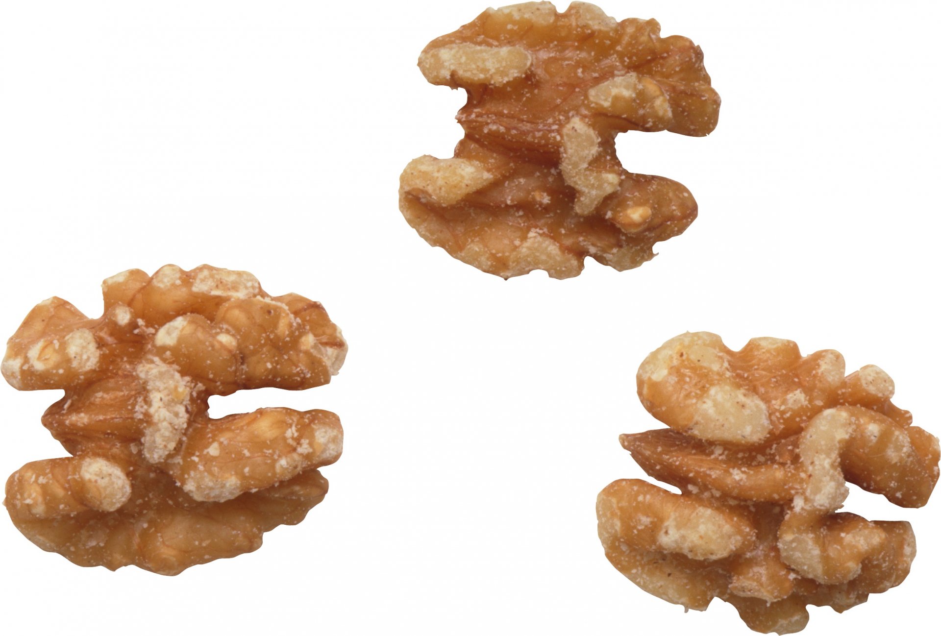 HD PC desktop wallpaper featuring a close-up of three walnuts on a white background, highlighting their texture and natural color.