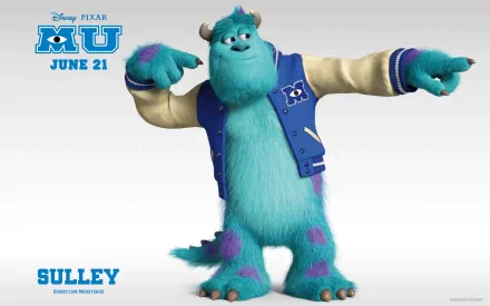 HD wallpaper featuring James P. Sullivan, also known as Sulley, from Disney Pixar's Monsters University, showcasing his vibrant blue fur and playful pose in a varsity jacket.