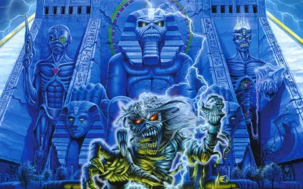 A vibrant HD wallpaper featuring Iron Maiden's iconic imagery, showcasing powerful blue tones, mystical figures, and the band's emblematic mascot in an electrifying pose.