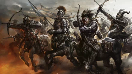 A fierce group of centaur warriors armed with bows charges into battle amidst a dramatic fantasy landscape, showcasing their strength and skill in this HD desktop wallpaper.