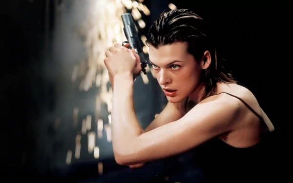 Milla Jovovich in a dynamic pose with a gun, set against an action-packed background from the movie Resident Evil. A striking HD desktop wallpaper that captures the film's intensity.