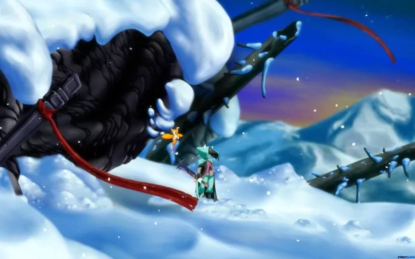 HD wallpaper of Dust: An Elysian Tail featuring characters in a snowy landscape with a serene twilight backdrop.