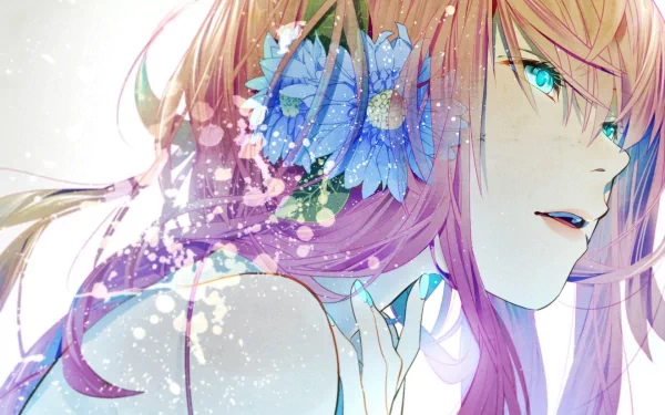 HD desktop wallpaper featuring Luka Megurine from Vocaloid. The anime-style artwork showcases Luka with vibrant pink hair adorned with blue flowers, set against a dreamy, abstract background.
