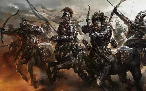 A fierce group of centaur warriors armed with bows charges into battle amidst a dramatic fantasy landscape, showcasing their strength and skill in this HD desktop wallpaper.
