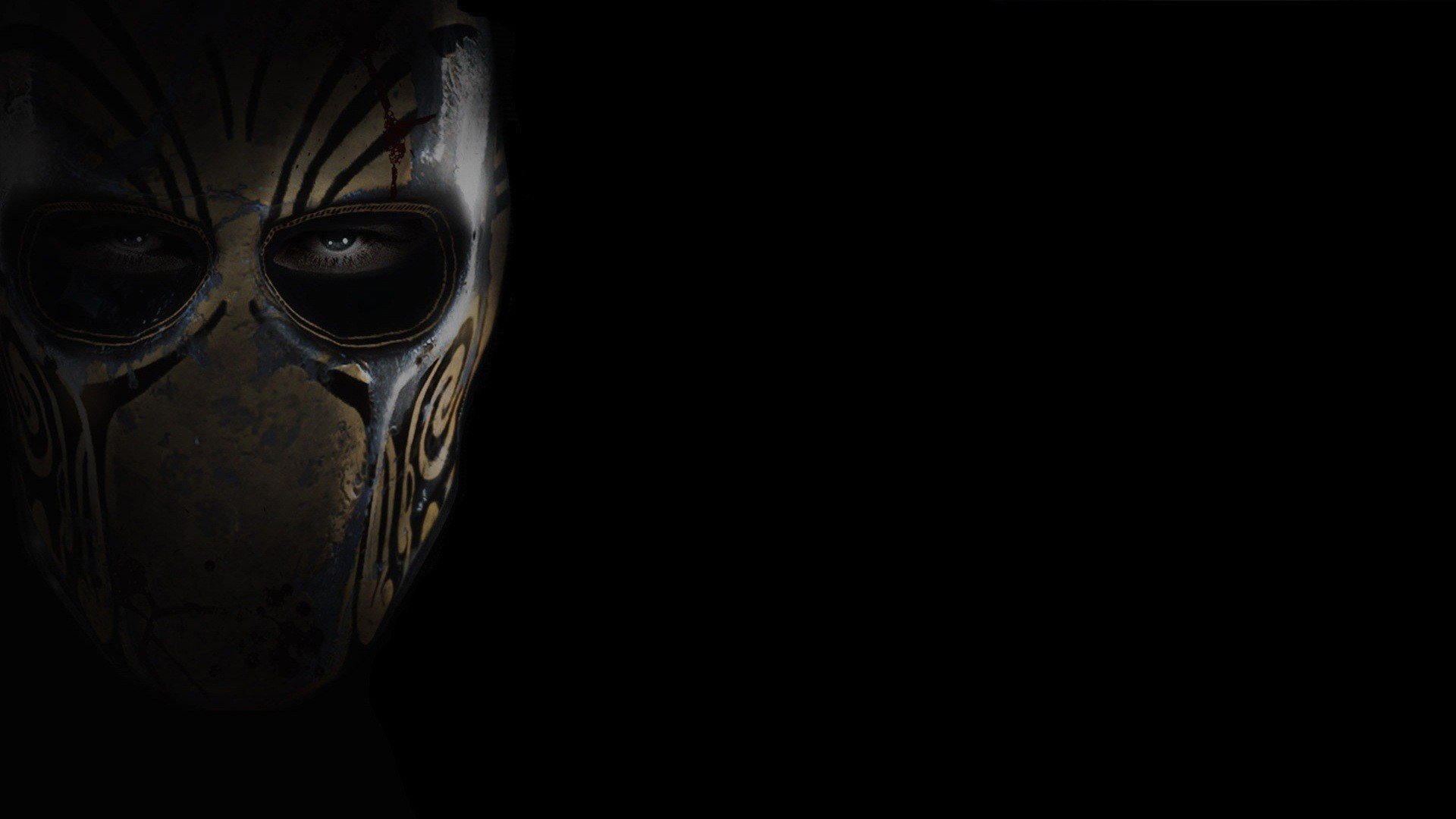 HD PC desktop wallpaper showing a half-visible ornate combat mask and eye against black — Army Of Two (video game).