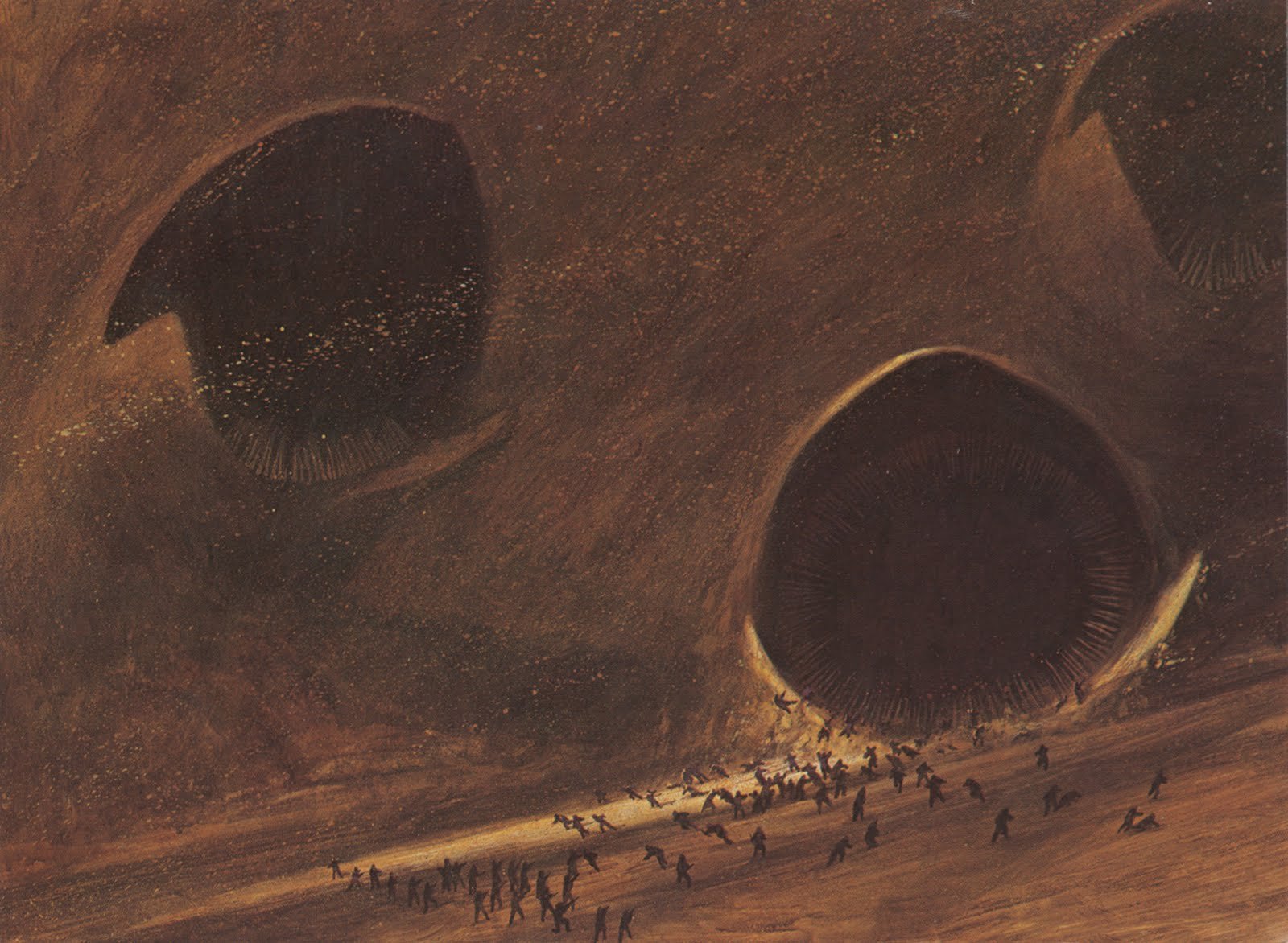 Sci Fi dune scene with massive sandworm mouths tearing through a vast desert as tiny figures flee — HD PC Desktop Wallpaper and Background