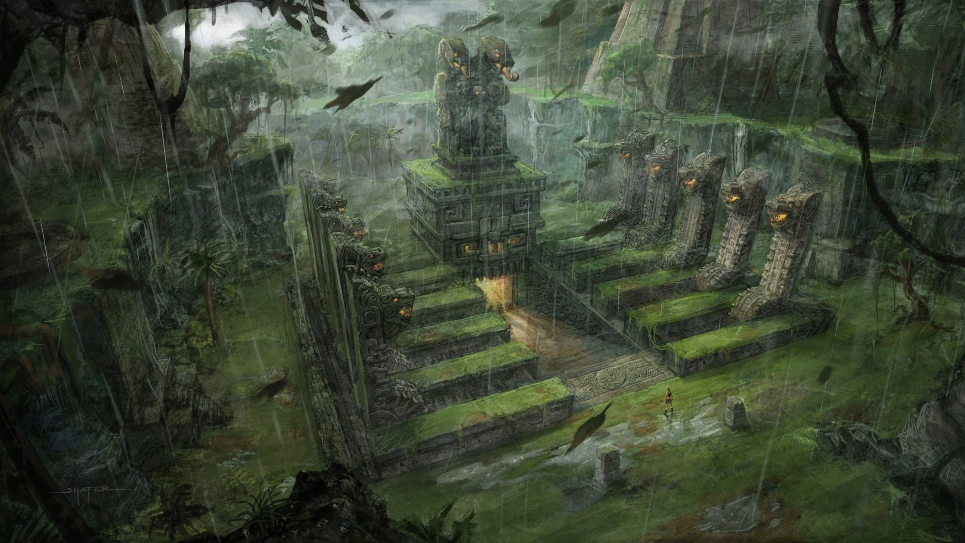 HD PC desktop wallpaper featuring a dense jungle temple scene from the video game Tomb Raider, showcasing ancient ruins shrouded in mist and rain.